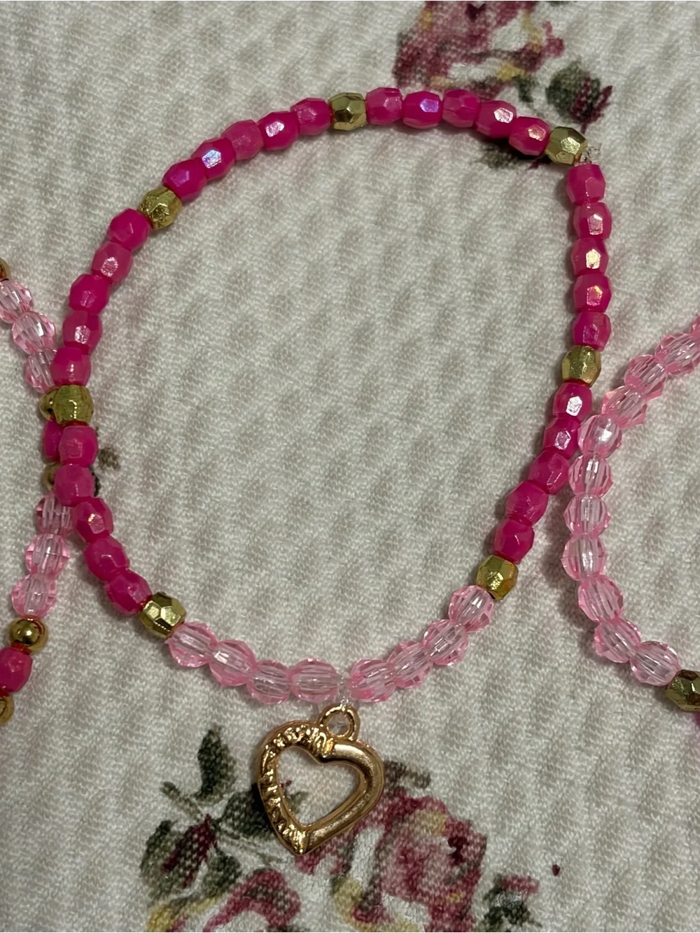 Barbie Pink Beaded Bracelet Trio with Heart & Initial Charms